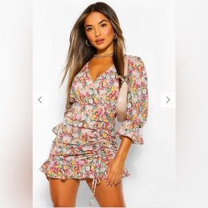 Boohoo Petite Floral Ruched Wrap Dress